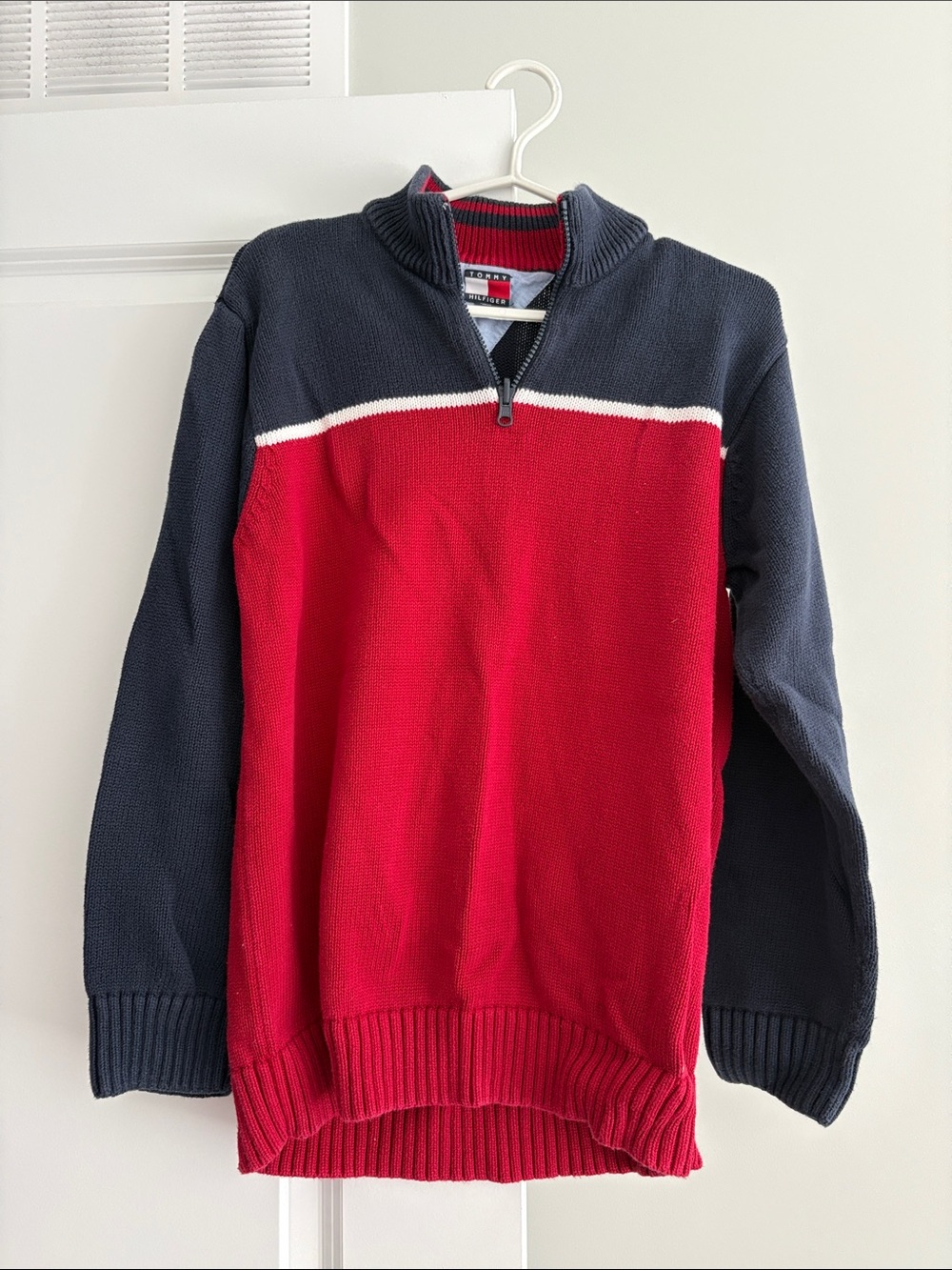 Tommy Hilfiger Red and Navy Half-Zip Knit Sweater